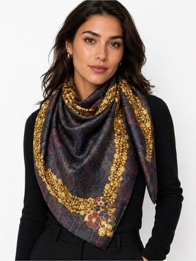CHANEL Multicolor Silk Scarf with Gold Chain and Jewel Motif